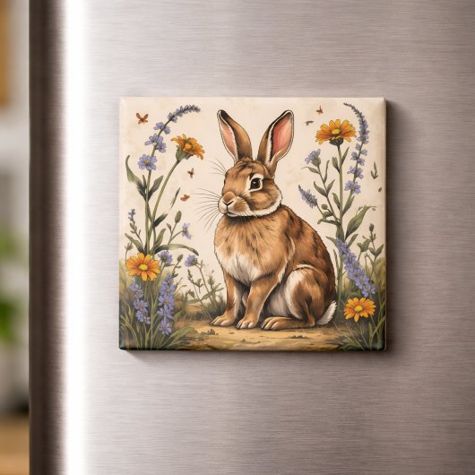 Aimant Lapin Vintage avec Fleurs Sauvages