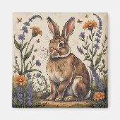 Aimant Lapin Vintage avec Fleurs Sauvages (Devant)