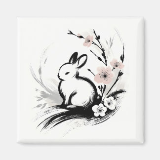 Aimant Lapin Zen Minimaliste de Printemps Cerisier en Fle