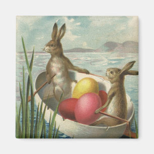 Aimant Lapins vintage dans un bateau, affectueuses saluta