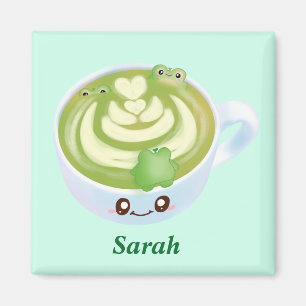 Aimant Latte De Thé Vert Matcha Chaud Avec Cute Frogs