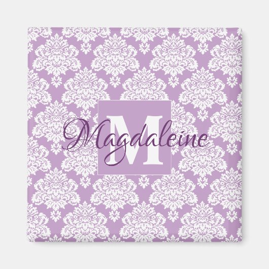 Aimant Lavande violet Damask Monogramme avec nom magnétiq (Devant)