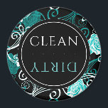 Aimant Lave-vaisselle propre/sale | Blanc noir et Turquoi<br><div class="desc">Lave-vaisselle propre/sale aimant présente un design turquoise et noir simple avec un médaillon stylisé et une typographie moderne sur un arrière - plan floral noir, blanc et turquoise. Un simple aimant rond propre/sale conçu dans un jeu de couleurs moderne, adapté à la décoration d'une maison moderne aujourd'hui, ou un petit...</div>