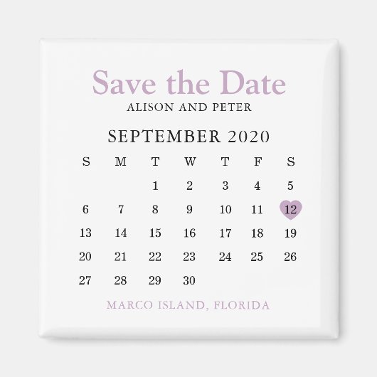 Aimant Lavender Heart Calendar Wedding Enregistrer la dat (Devant)