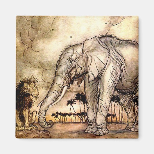 Aimant « Le Lion et l'Éléphant » par Arthur Rackham (Devant)