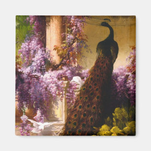 Aimant Le paon et les colombes dans un jardin