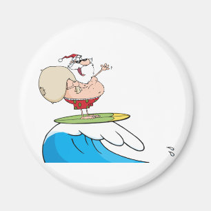 Aimant Le père noël portant le sien sac tout en surfant
