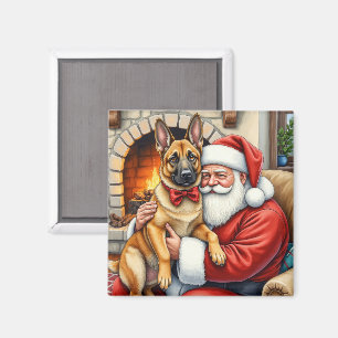 Aimant Le Père Noël tenant l'art de Noël du Malinois belg