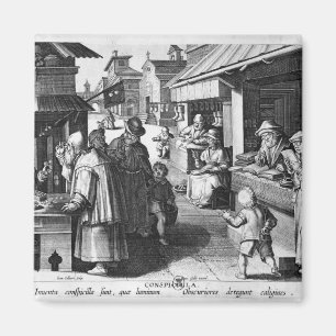 Aimant Le vendeur de Spectacles, gravé par Jan Collaert