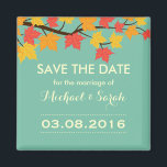 Aimant Les Feuilles d'érable sauvent la date Automne Mari<br><div class="desc">Économisez l'aimant de date avec les feuilles d'érable qui tombent. Parfait pour la réception de mariage d'automne. Couleurs vives et vives de l'automne. Jaune, rouge et orange. Personnalisez le libellé pour toute occasion avec le thème de l'automne. Douche nuptiale, baby shower, anniversaire, fête de fiançailles ou autre. Aussi grand que...</div>