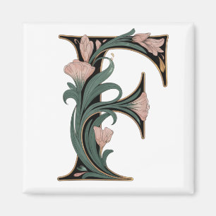 Aimant lettre F rose et vert Art Nouveau