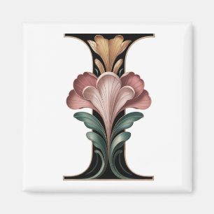 Aimant lettre I floral Art Nouveau rose et vert