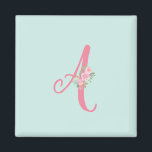 Aimant Lettre monographique personnalisée Florale initial<br><div class="desc">Ce joli aimant présente des fleurs d'aquarelle rose pâle sur un arrière - plan vert menthe. Vous pouvez personnaliser ce monogramme pour en faire le vôtre.</div>