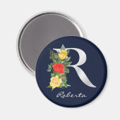 Aimant Lettre R | Nom | Monogramme métallique blanc flora (Recto/Verso)