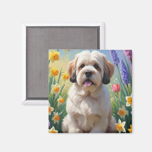 Aimant Lhassa Apso Dog Fleurs de printemps Peinture
