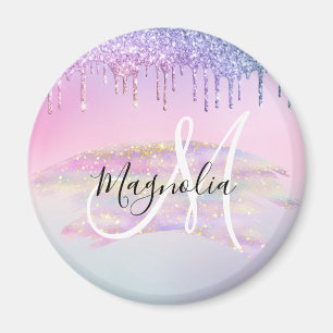 Aimant Licorne arc-en-ciel ombré pailleté rose monogramme