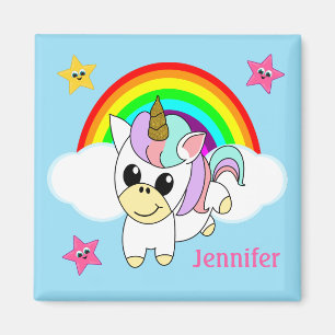 Aimant Licorne Bébé Arc-en-Ciel et Nuages Personnalisés