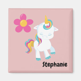 Aimant Licorne de dessin animé mignonne avec fleur rose