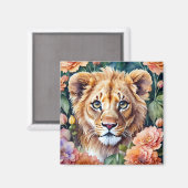 Aimant Lion Cub Floral Aquarelle Art (Recto/Verso)