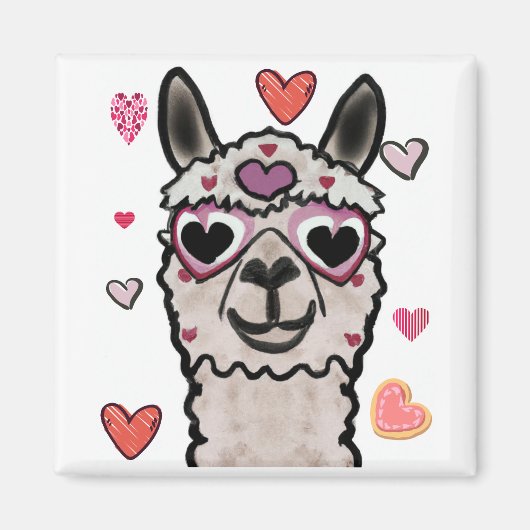 Aimant Llama cool avec lunettes de coeur (Devant)