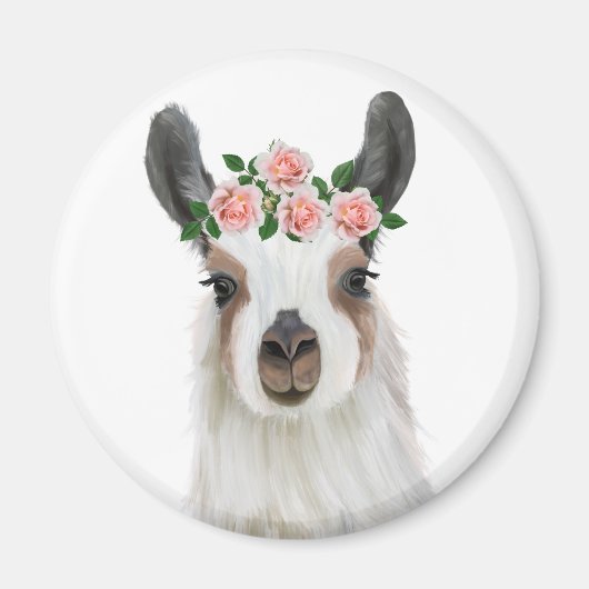 Aimant Llama Fluffée Cute Avec Couronne Fleur Rose Blanc (Devant)