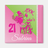 Aimant Look Who's 21 | 00th Birthday - Pink and Green (Devant)