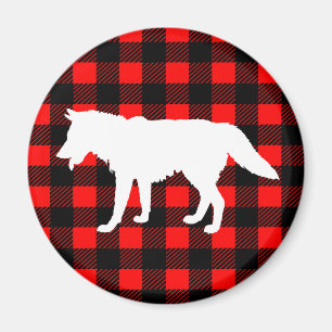 Aimant Loup blanc et plaid rouge noir rustique de