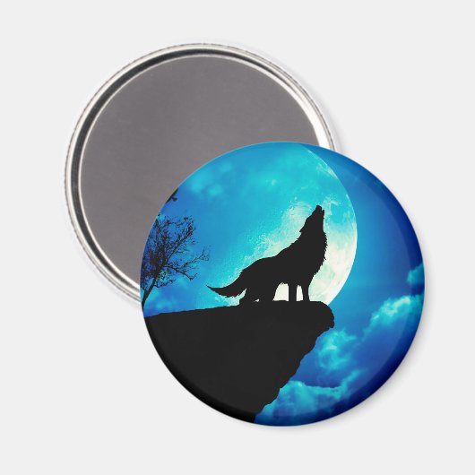 Aimant Loup en silhouette hurlant à la pleine lune (Recto/Verso)