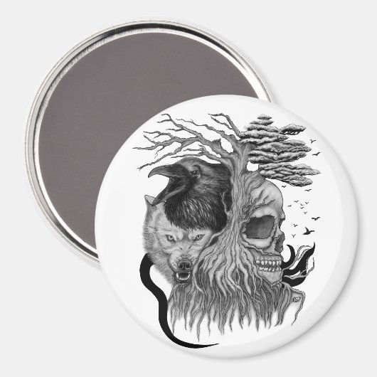 Aimant Loup et corbeau avec crâne (Recto/Verso)