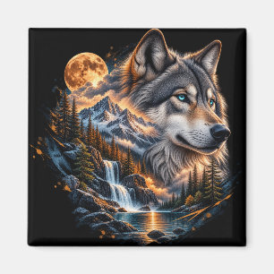 Aimant Loup majestueux pleine lune montagne cascade carré