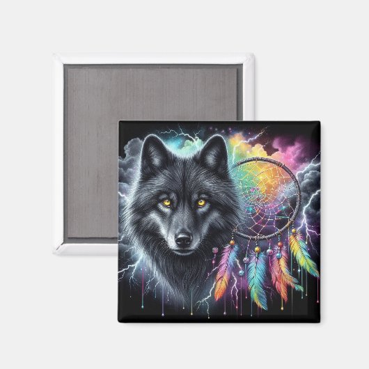 Aimant Loup noir avec un catcheur de rêves (Recto/Verso)