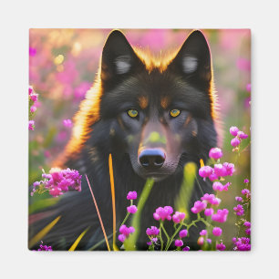 Aimant Loup noir dans des fleurs roses