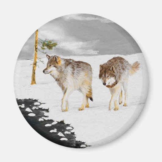 Aimant Loups en peinture sur neige - Art original de la f (Devant)