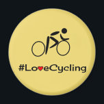 Aimant Love cycling légende jaune<br><div class="desc">C'est un aimant amusant pour un cycliste passionné,  qui représente une silhouette de pictogramme d'un seul cycliste et le mot-clic #LoveCycling. L'arrière - plan est jaune doré,  et le "V" de l'Amour a été transformé en coeur rouge.</div>