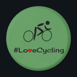 Aimant Love cyclisme légende verte<br><div class="desc">C'est un aimant amusant pour un cycliste passionné, ou seulement pour toute personne qui apprécie de voyager à vélo. Il représente un pictogramme d'un seul cycliste et le mot-clic #LoveCycling. L'arrière - plan est vert (pour signifier l'amour du plein air), et le "V" de l'Amour a été transformé en coeur...</div>
