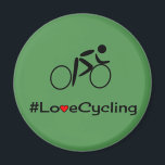Aimant Love cyclisme légende verte<br><div class="desc">C'est un aimant amusant pour un cycliste passionné, ou seulement pour toute personne qui apprécie de voyager à vélo. Il représente un pictogramme d'un seul cycliste et le mot-clic #LoveCycling. L'arrière - plan est vert (pour signifier l'amour du plein air), et le "V" de l'Amour a été transformé en coeur...</div>