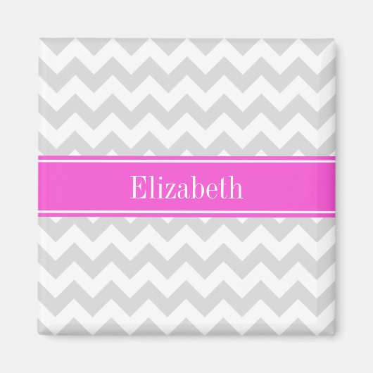 Aimant Lt Grey Blanc Chevron Hot Pink Nom Monogramme (Devant)