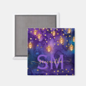 Aimant Lueur de lanterne violette et bleue à monogramme (Recto/Verso)