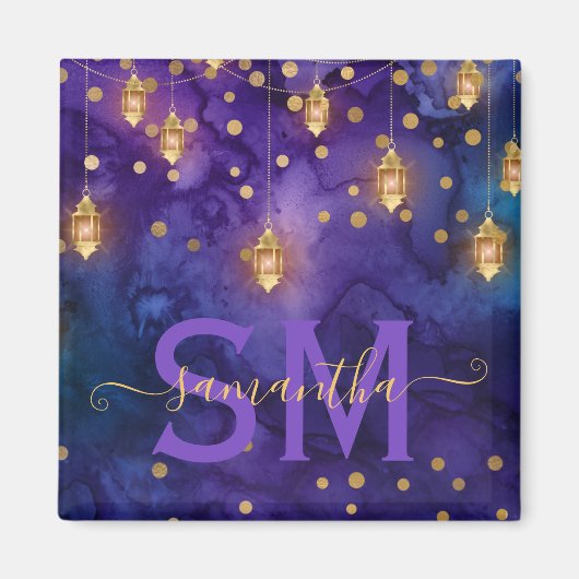 Aimant Lueur de lanterne violette et bleue à monogramme (Devant)