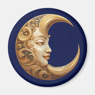 Aimant Lune dorée ornée avec visage sur bleu marine