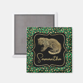 Aimant Luxueux imprimé léopard vert monogramme animal or (Recto/Verso)