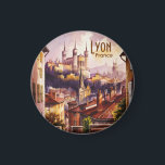 Aimant Lyon France Travel Vintage Watercolor Cityscape<br><div class="desc">Lyon France is a famous European travel destination known for the beautiful Basilica of Notre-Dame de Fourviere, narrow Old Town streets, and classic historic landmarks. This vintage watercolor cityscape captures the French city right at sunset, when the light turns the romantic sky soft purple and the old terracotta rooftops glow...</div>