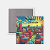 Aimant Madison, Wisconsin Skyline au coucher du soleil (Recto/Verso)