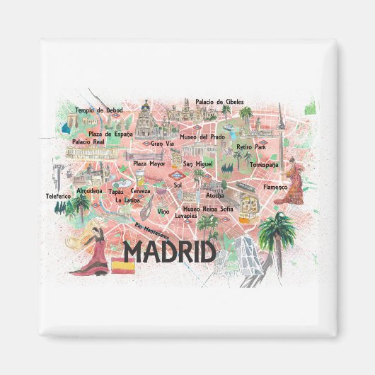 Aimant Madrid Espagne Carte illustrée avec les routes pri (Devant)