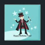 Aimant Magician kids birthday party<br><div class="desc">This product is for kids that love magic and magicians. It features a cute little magician boy performing magic tricks with a magic hat, wand and rabbit. This product is ideal for a magician themed birthday party or for kids who love magic tricks. Very easy to customize with your own...</div>