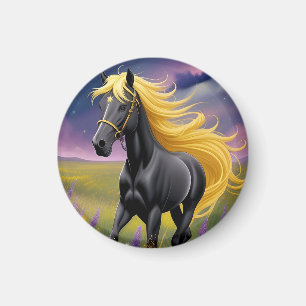 Aimant Magnifique cheval noir à la crinière dorée ondoyan