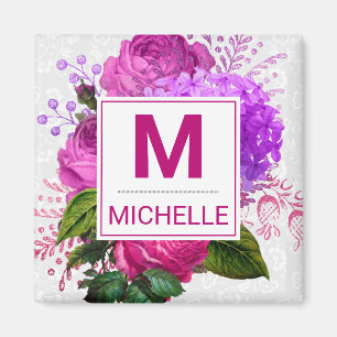 Aimant Magnifique monogramme de fleurs roses et violettes