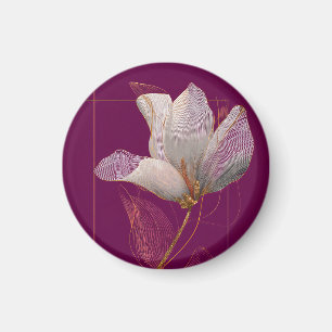 Aimant Magnolia blanche ligne dorée magenta
