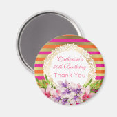 Aimant Magnolia sur Pink & Faux Gold Stripes Anniversaire (Recto/Verso)