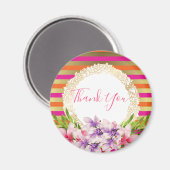 Aimant Magnolia sur Pink & Faux Gold Stripes Merci (Recto/Verso)